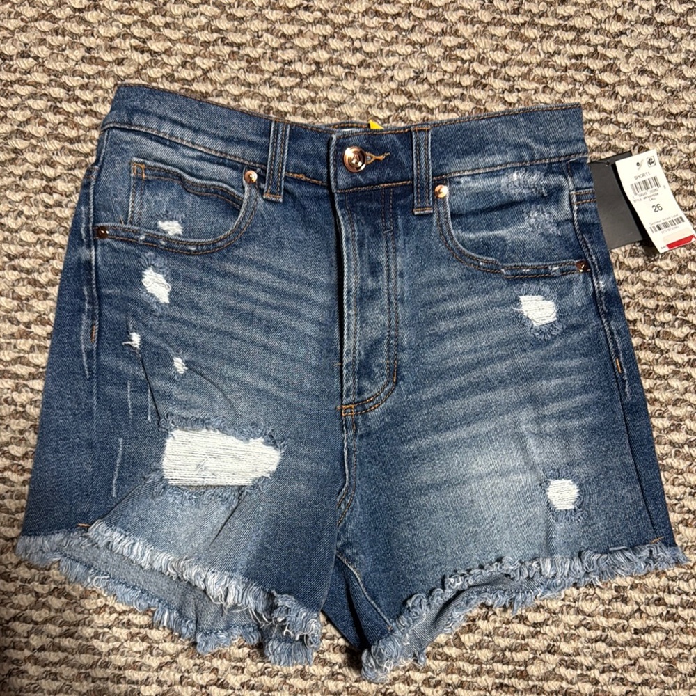 Blue Distressed Jean Shorts with Frayed Hem